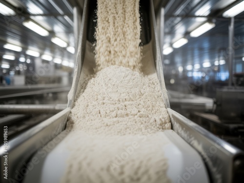 Flour continuously flowing from industrial machine in a processing facility during daytime operations