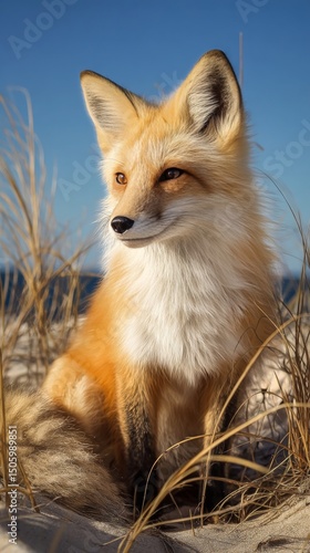 Fox Sitting in Tall Grass by the Sea During a Clear Sunny Day