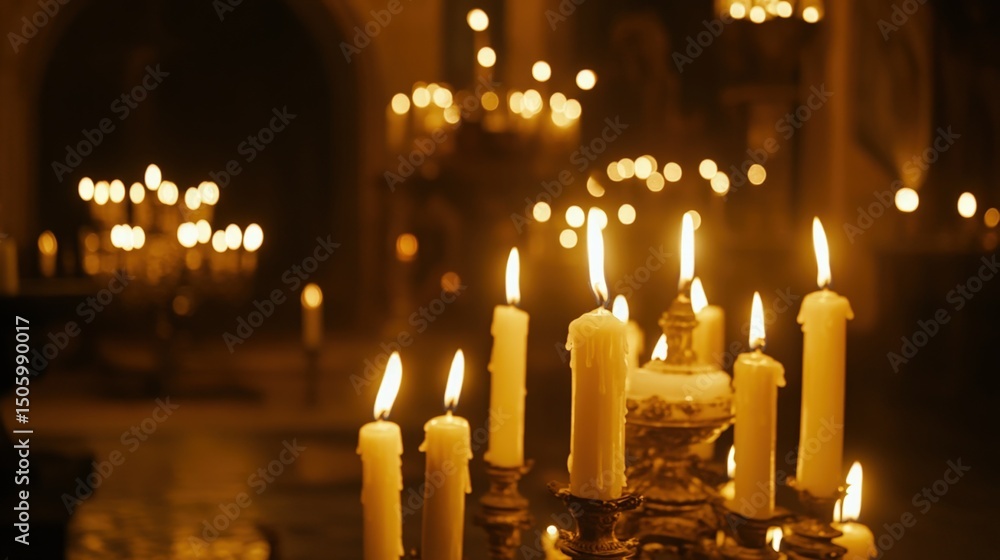 Multiple Burning Candles in a Dimly Lit Room Creating a Warm and Spiritual Atmosphere Multiple Burning Candles in a Dimly Lit Room Creating a Warm and Spiritual Atmosphere