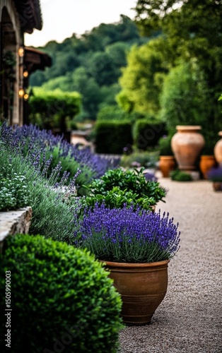 Lavender and Greenery Create a Serene Garden Pathway in a Countryside Setting