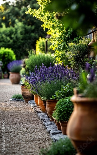 Vibrant Garden Pathway Lined With Lavender and Herbs During Golden Hour Sunlight
