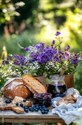 Fresh Bread, Berries, and Wildflowers in a Sunlit Outdoor Setting During Summer
