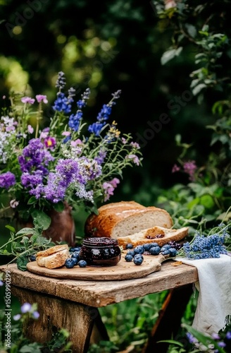 Fresh Bread, Berries, and Wildflowers in a Sunlit Outdoor Setting During Summer.