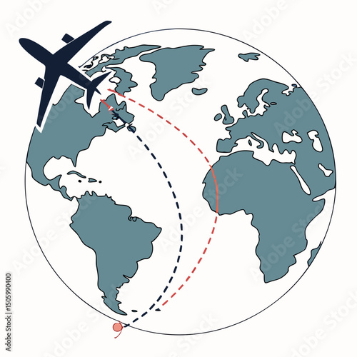 a world globe with an airplane traveling across it, global travel, worldwide transportation, aerial travel,