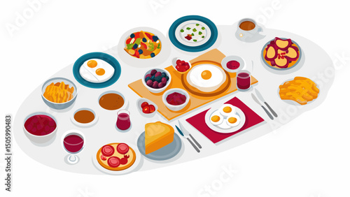 A lavish cartoon brunch feast with sunny side up eggs cake fruit drinks and various sauces in bright