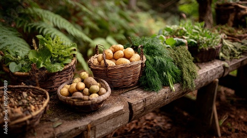Freshly Harvested Vegetables and Herbs Displayed on a Rustic Wooden Table in ...