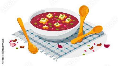 A vibrant bowl of borscht soup topped with croutons and beets rests on a checkered cloth with gold