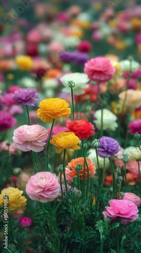 Colorful Flower Field Showcasing Blooming Ranunculus Varieties in Springtime ...