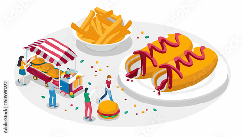 A lively street food fair with hotdogs and fries folks enjoying burgers from a vendor cart isometric