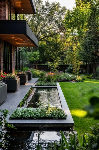 Modern Landscape Design Showcasing Lush Greenery and Tranquil Water Features ...