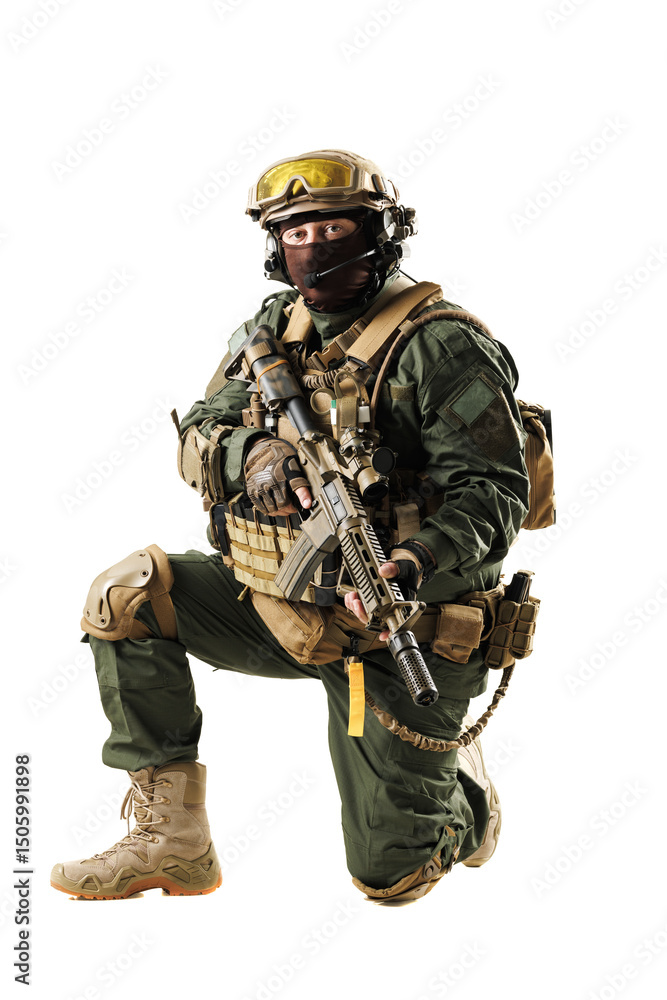 Fototapeta premium Special Forces Soldier in Tactical Gear with Firearm on White Background
