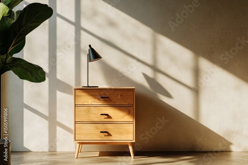 Stylish Interior Space With Wooden Nightstand and Green Plant Under Soft Sunl...