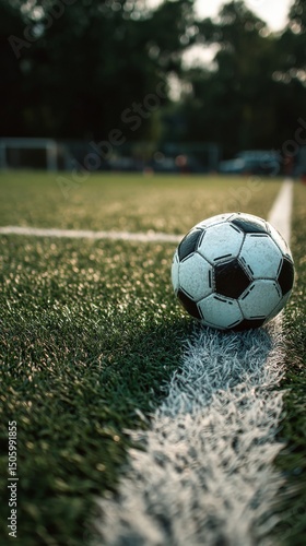 Soccer Ball Rests on Grass Near the Sideline Under a Clear Blue Sky.
