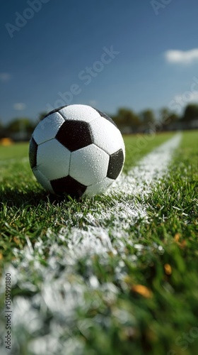 Soccer Ball Rests on Grass Near the Sideline Under a Clear Blue Sky