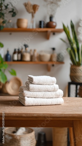 Neatly Folded White Towels on Wooden Table With Plants and Decor in Modern In...