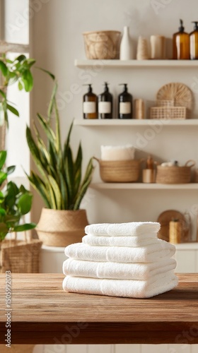 Soft White Towels Stacked on a Wooden Table in a Cozy Home Bathroom Setting W...