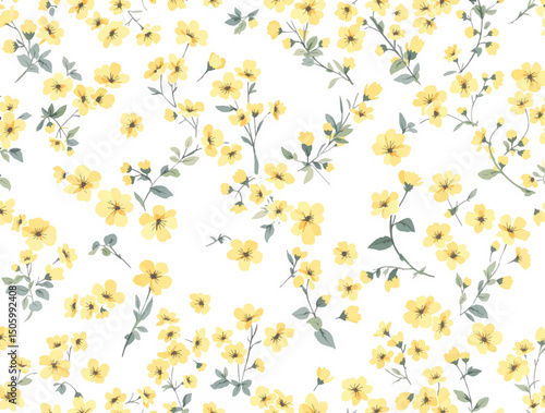 Seamless pattern with hand painted watercolor yellow flowers and leaves
