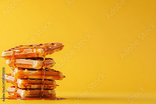 Waffles Stacked High With Syrup Drizzling in a Vibrant Yellow Setting