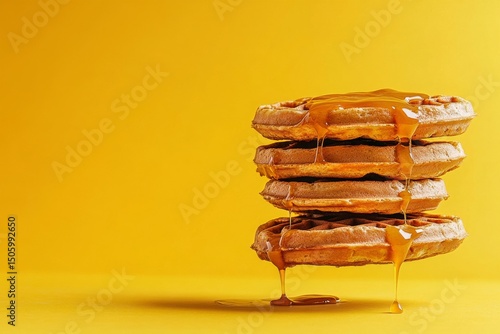 Waffles Stacked High With Syrup Drizzling in a Vibrant Yellow Setting.