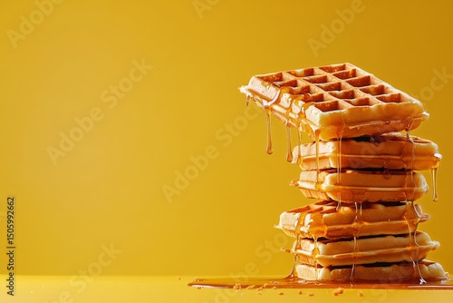 Warm Waffles Stacked High With Dripping Syrup Against a Vibrant Yellow Backgr...