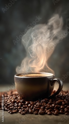Warm Cup of Coffee Steaming Over Fresh Coffee Beans in a Cozy Setting.