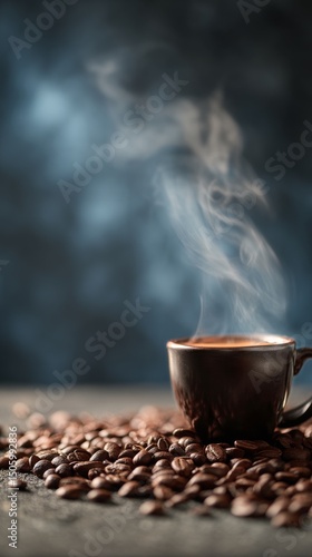 Warm Cup of Coffee Steaming Beside Roasted Beans in a Cozy Setting.