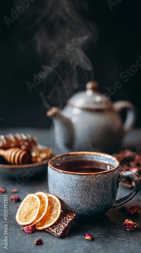 Enjoying a Warm Cup of Tea With Herbal Ingredients and Dry Fruits in a Cozy S...