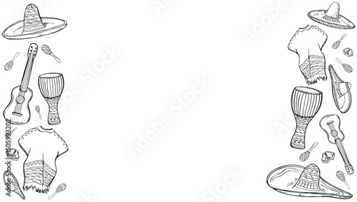 Latin and South American national cloth and musical instruments monochrome vector border. Poncho, sombrero, maracas, djembe, and guitar illustration for festival posters, event invitations, travel