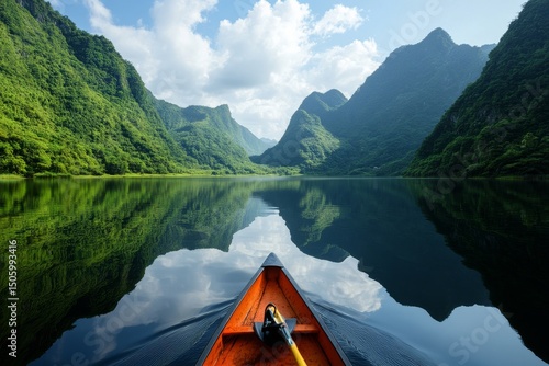 Exploring a Tranquil Lake Surrounded by Mountains and Lush Greenery in Bright...
