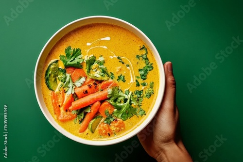 Vibrant Bowl of Curry With Fresh Vegetables and Herbs Held Against a Green Ba...