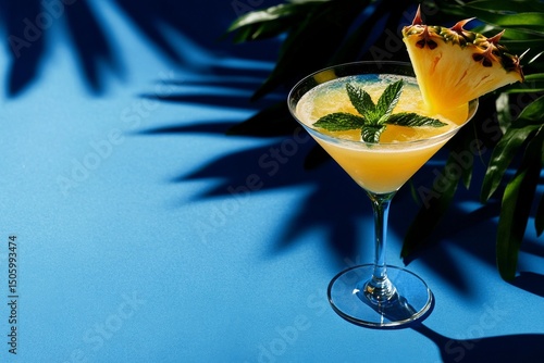 Refreshing Tropical Cocktail Garnished With Pineapple and Mint on a Blue Back...