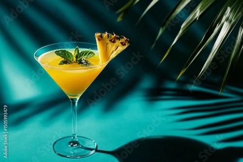 Refreshing Tropical Cocktail Garnished With Pineapple and Mint on a Blue Back...