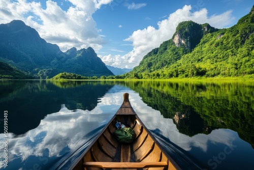 Exploring a Tranquil Lake Surrounded by Mountains and Lush Greenery in Bright...