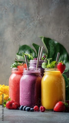 Refreshing Fruit Smoothies in Glass Jars With Mint Leaves and Fresh Berries o...