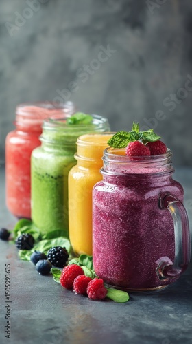 Refreshing Smoothie Jars With Fruits and Herbs on a Marble Background.