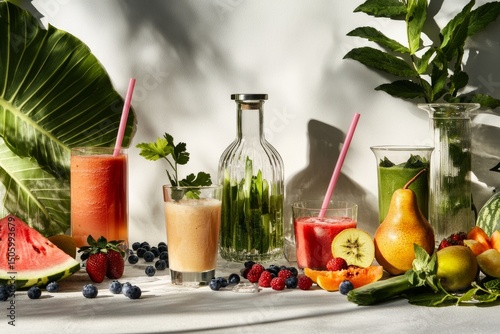 Fresh Fruit and Vegetable Smoothies Arranged on a Table With Vibrant Colors a...