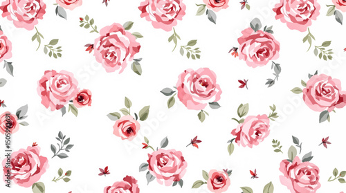 Watercolor seamless floral pattern with Pink roses flowers.
