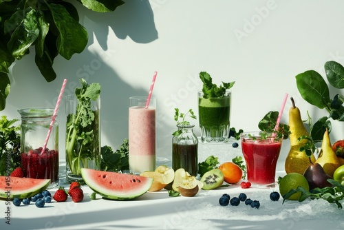 Fresh Fruit and Vegetable Smoothies Arranged on a Table With Vibrant Colors a...