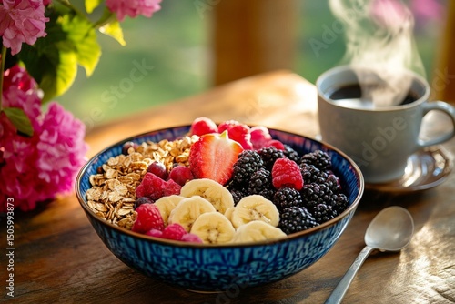 Fresh Fruit Bowl With Granola and Steaming Coffee in Cozy Morning Light.
