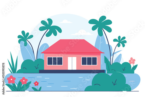 Tropical house surrounded by palm trees and lush greenery in flat vector illustration