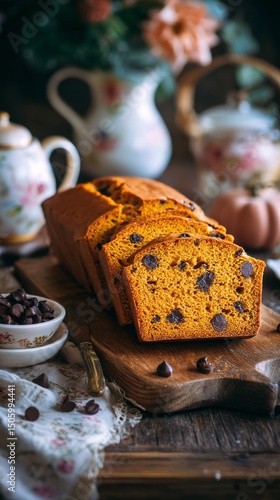 Warm Pumpkin Bread With Chocolate Chips Served on a Wooden Cutting Board in a...