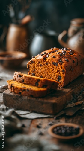 Moist Pumpkin Bread With Chocolate Chips Served on a Rustic Wooden Board in a...