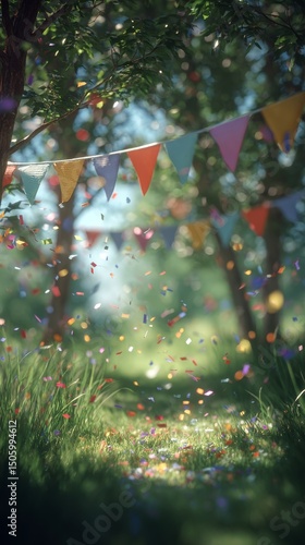 Colorful Party Decorations Fill a Serene Forest Setting During a Festive Cele...