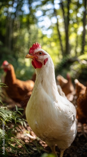 White Chicken Stands out Among Brown Hens in a Sunny Forest Clearing During t...