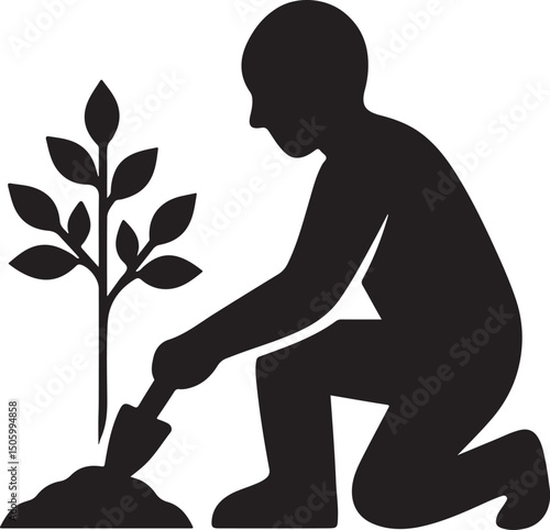 Silhouette vector of a human planting a young tree, symbolizing nature conservation, reforestation, and environmental awareness.