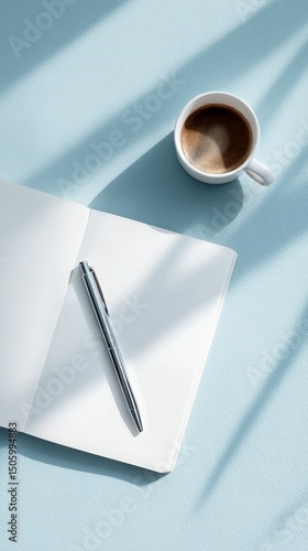 Writing in a Notebook With a Cup of Coffee on a Light Blue Table