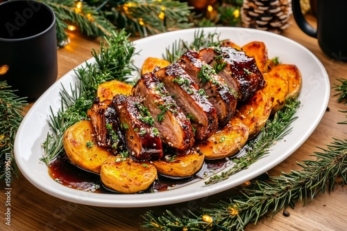 Grilled Pork Tenderloin With Roasted Sweet Potatoes and Herbs Served on a Whi...