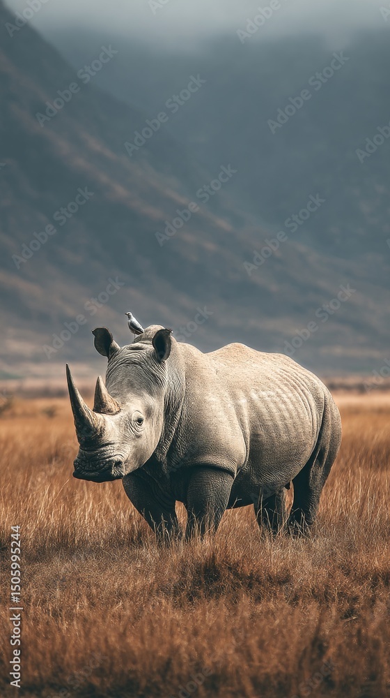 Obraz premium White Rhinoceros Grazing in a Grassy Field Against a Mountain Backdrop at Dusk