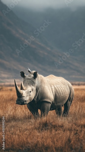 White Rhinoceros Grazing in a Grassy Field Against a Mountain Backdrop at Dusk