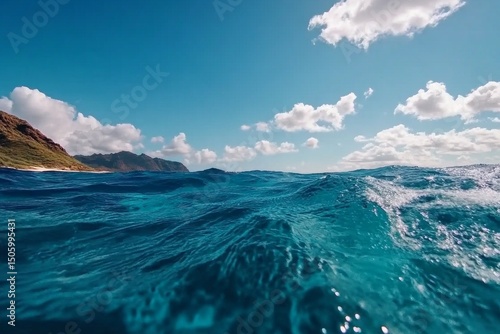 Exploring the Vibrant Blue Waves of the Ocean Under a Bright Sky Near the Tro...